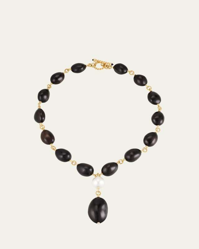 18K Yellow Gold Y Necklace with Ebony Wood and South Sea Pearl